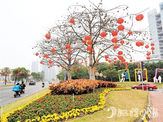 鶴山城區(qū)主要干道增花添綠、張燈結彩，新春氛圍濃厚。